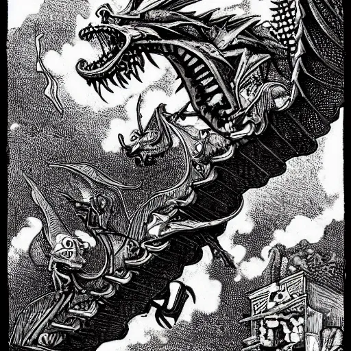 Prompt: fire - breathing jabberwock with a bad headache riding a motorbike down an escher staircase