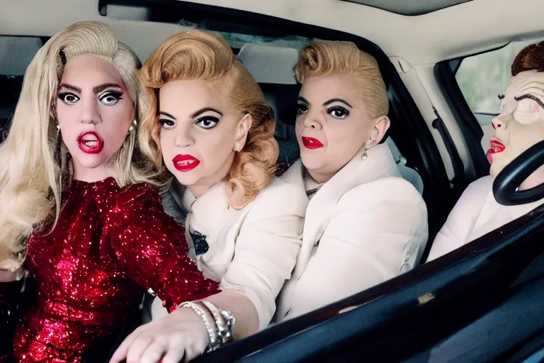 Image similar to carpool karaoke lady gaga and judy garland, highly realistic, highly detailed, high resolution, 8 k 4 k,