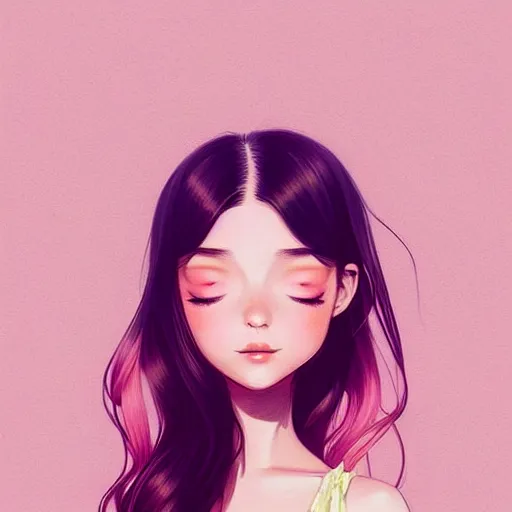 Image similar to happy adult female in sundress, summer dress, pastel light pink very long hair, muted colors, matte print, pastel colors, ornate, digital art, digital painting, fan art, elegant, artstation, head is centered, by Ilya Kuvshinov