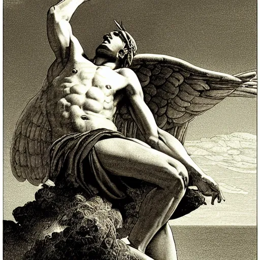 Prompt: dramatic portrait of icarus by carvaggio