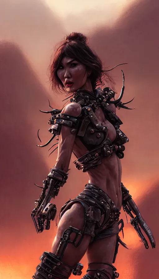 Image similar to road warrior, gemma chan beautiful girl, poetic, gorgeous, muscle cars, weapons, dystopian, grindhouse, george miller, made by stanley artgerm lau, wlop, rossdraws, james jean, andrei riabovitchev, marc simonetti, yoshitaka amano, beksinski artstation, cgsociety