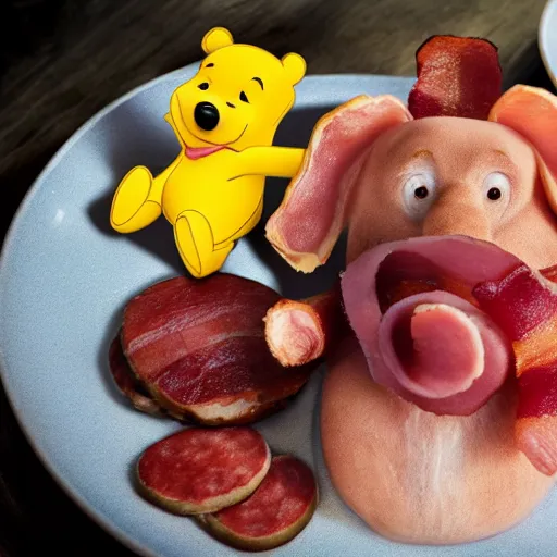 Image similar to close up of winnie the pooh with a plate of sausage and bacon and ham hock, cinematographic shot, photo 3 d