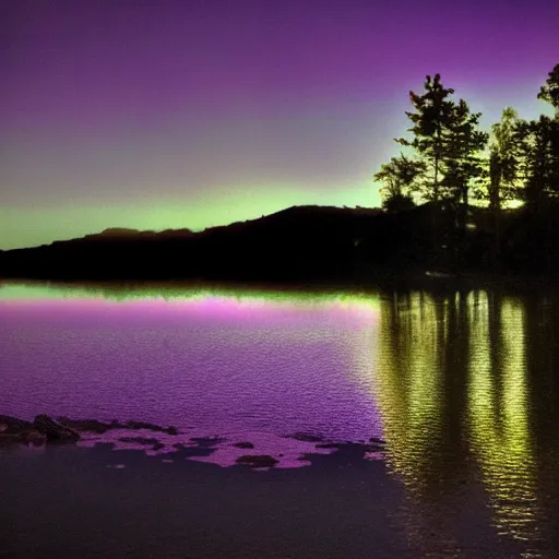 Image similar to shadow of jesus at mountain lake at night still water purple clouds