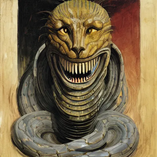 Image similar to a snake snake disguised as a lion head neck neck head mane tall long viper teeth head eyes giorgio de chirico peter doig greg rutkowski lucian freud arsen savadov dan witz vik muniz