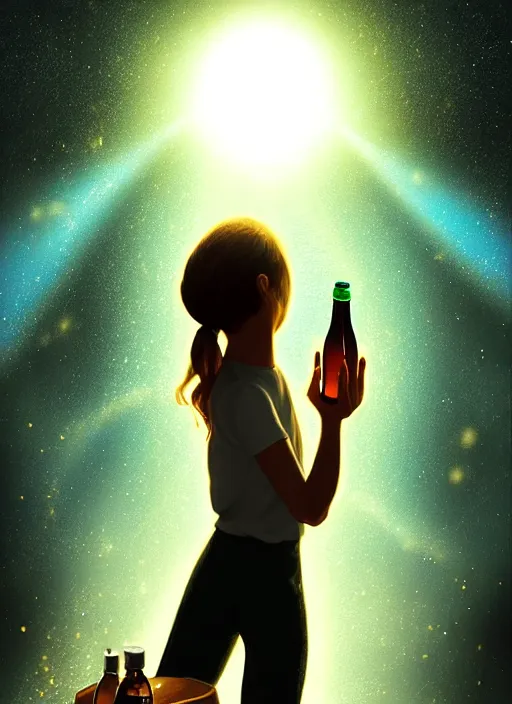 Image similar to girl shakes a bottle containing the sun and the milky way in a dimly lit room. fantasy art, horror, nightmare, photo realistic, dynamic lighting, artstation, poster, volumetric lighting, very detailed faces, 4 k, award winning