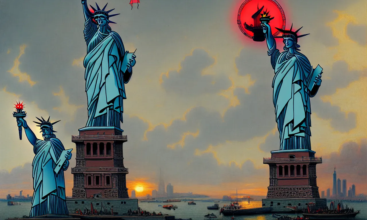 Prompt: statue of liberty with a cycloptic robot head looking over the harbor, by asher brown durand, trending on artstation, 8 k resolution, red lights, cyberpunk, demonic symbols