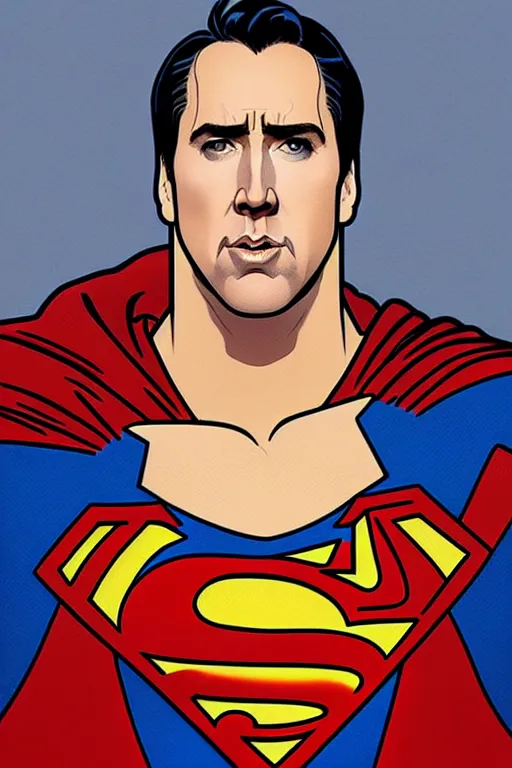 Image similar to nicholas cage as superman, in the style of art by artgerm and greg rutkowski and alphonse mucha