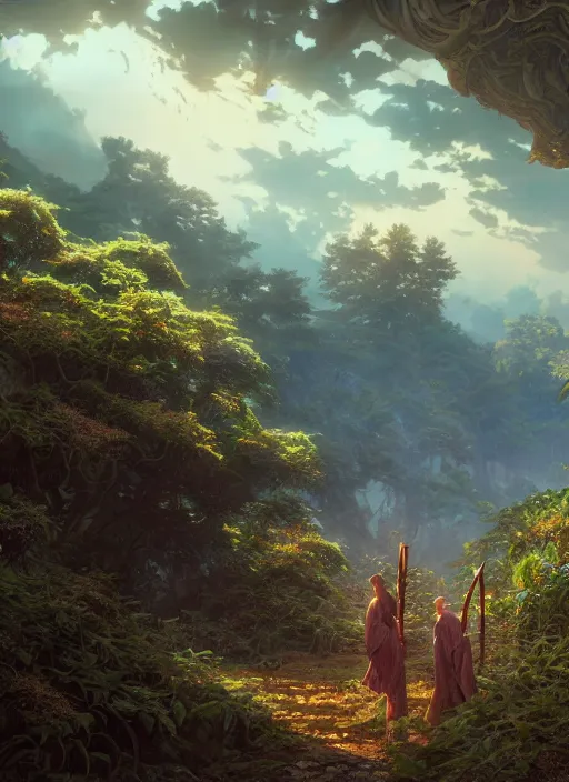 Image similar to highly detailed cultivator, stephen bliss, unreal engine, wuxia art by greg rutkowski, loish, rhads, ferdinand knab, makoto shinkai and lois van baarle, ilya kuvshinov, rossdraws, tom bagshaw, alphonse mucha, global illumination, radiant light, detailed and intricate environment