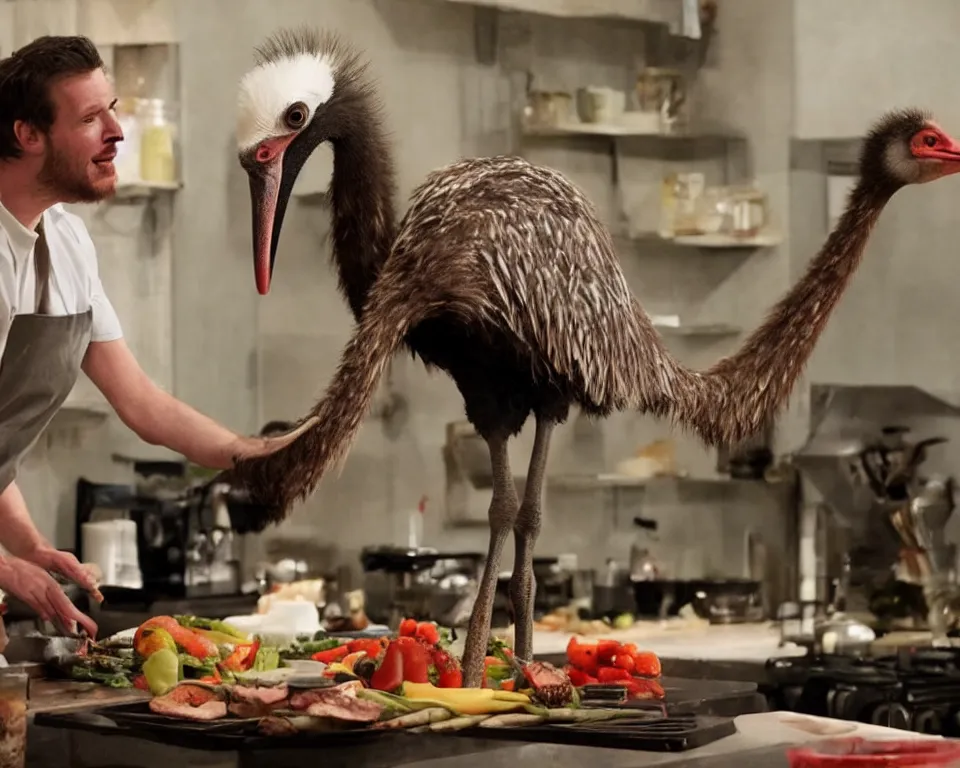 Prompt: a horror movie featuring a ostrich hosting a cooking show,