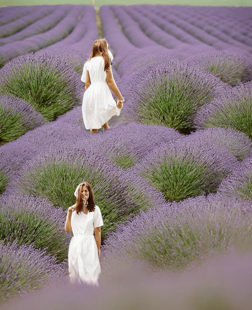 Prompt: A photo of a French woman, mid-20s, wearing a white flowing dress, in a lavender field in France, 85mm, 1.2, Kodak Portra, trending on Instagram