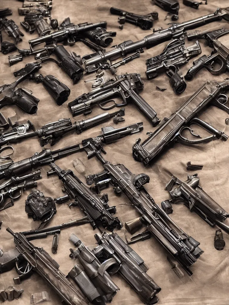 Prompt: kaleidoscope of machine guns, shotguns, rifles, revolvers, bullets, ultra-realistic, intricate details photograph