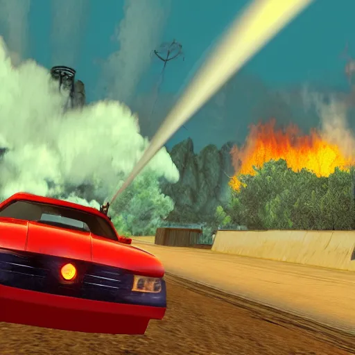 Prompt: an old car jumping over a fire, in game screenshot from driv 3 r ( 2 0 0 4 )