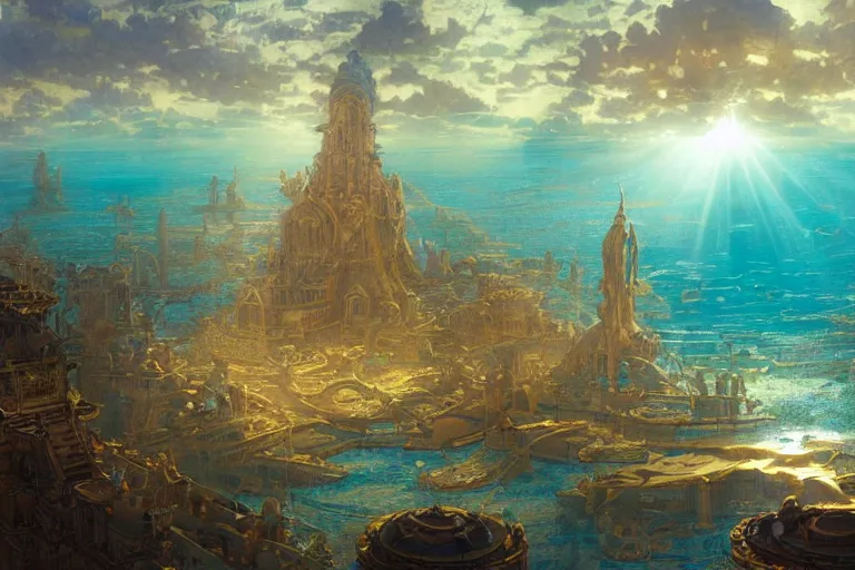 Image similar to a beautiful painting of the lost city of Atlantic city under water, ray of sunlight, mermaids in distance, Greg Rutkowski, Moebius, Mohrbacher, Mucha, blue and gold color scheme