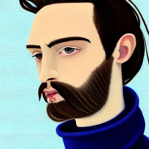 Image similar to gangly brunette man with hair long on top medium down the sides, blond beard, small chin, rectangular face, thin lips, English heritage, small blue eyes, middle aged, wearing a turtleneck and jacket, pale skin, narrow face, digital art, painterly, cartoon, cute, 8k, illustration, art by loish, painterly, trending on artstation, medium shot, uncropped