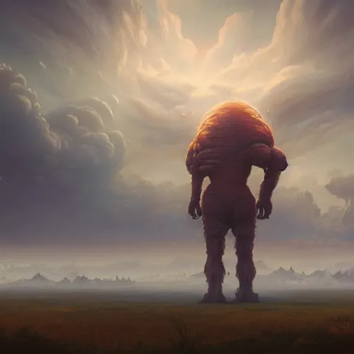 Image similar to a digital painting of a gigantic big enormous humanoid monster standing in the sky, concept art by simon stalenhag and peter mohrbacher cgsociety, vanitas, ominous, lovecraftian, speedpainting, apocalypse art. mist. unreal engine. hyper - realistic. photo realistic. octane render. detailed masterpiece. extreme wide shot. dutch tilt