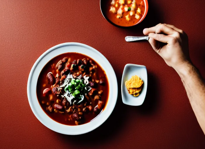 Prompt: photo of tony danza eating chili, 8 k, 8 5 mm f 5. 6