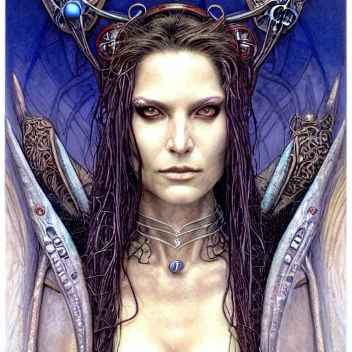 Image similar to a portrait of a resolved and smart female art nouveau cyberpunk shaman by john howe, ted nasmith and luis royo