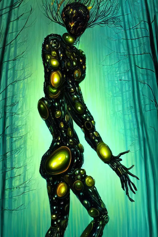 Image similar to hyperrealistic avant garde cinematic super expressive! black woman with exoskeleton armor, merging with tree in a forest, highly detailed digital art masterpiece, smooth cam de leon eric zener dramatic pearlescent soft teal yellow light, ground angle hd 8 k, sharp focus