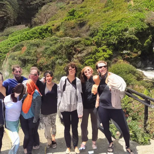 Prompt: friends gathered at esalen hot spring