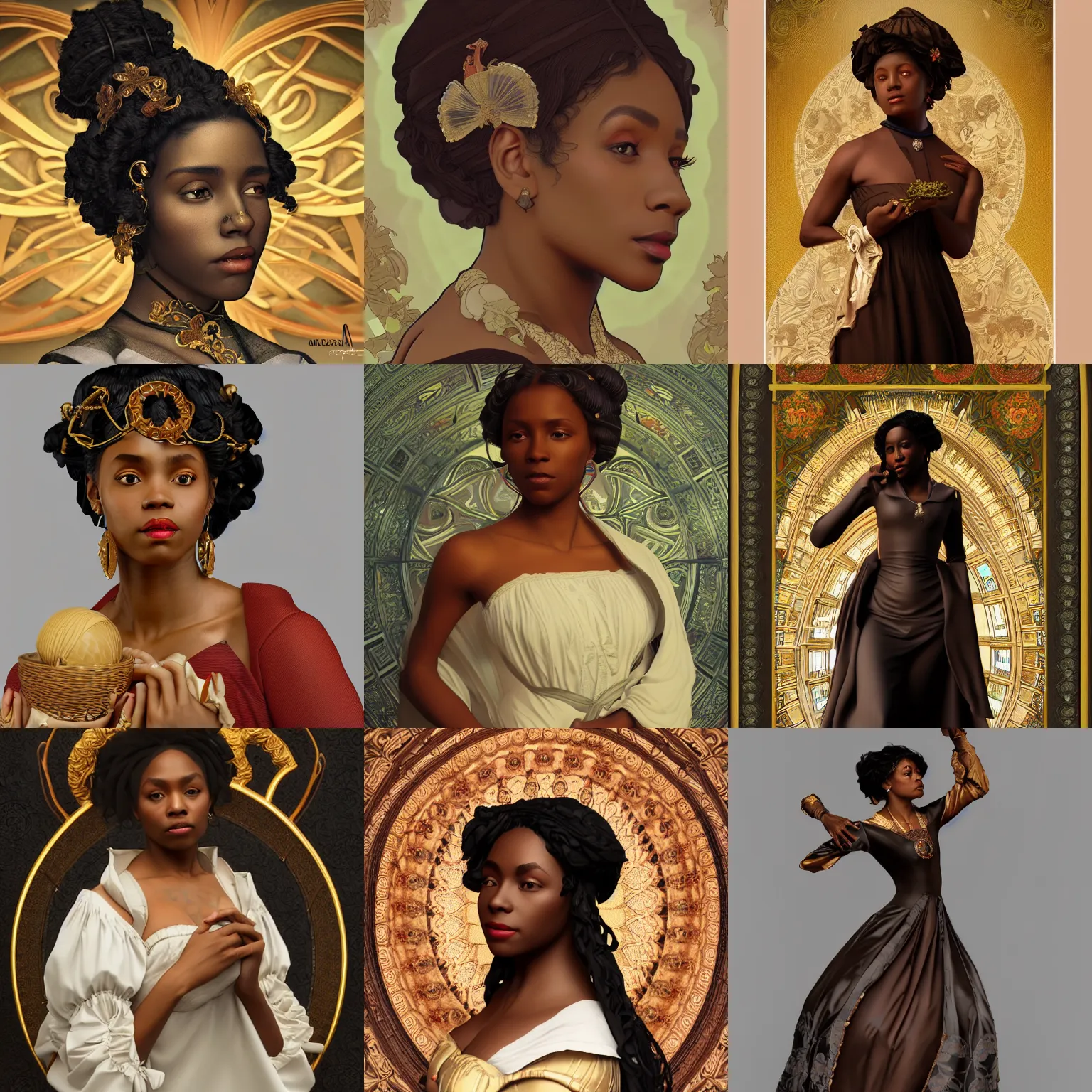 Prompt: black woman in a renaissance dress, as seen on artgerm, octane render, in the style of alphonse mucha, ultra realistic, highly detailed, 8 k
