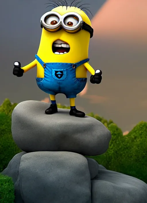 Image similar to king minion bob standing on a rock win posing in pixar style, smooth render, unreal engine 5, high - quality