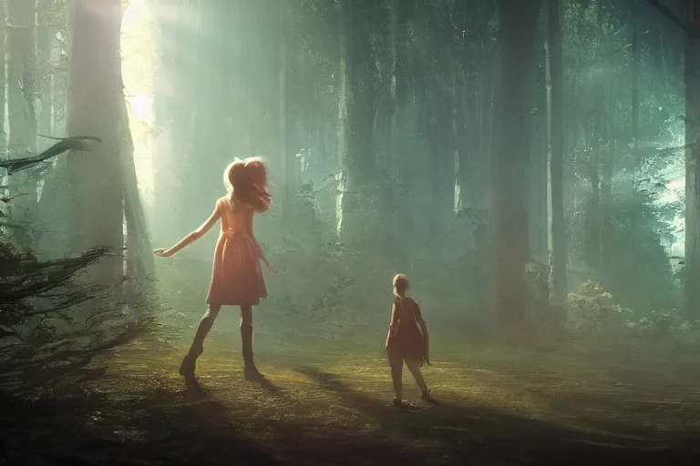 Image similar to the great beyond, sci - fi scene future new york, little girl holding a hand of a big robot, forest punk, crepuscular rays, epic scene, hyper realistic, photo realistic, overgrowth, cinematic atmosphere, ethereal lighting, style of john - waterhouse