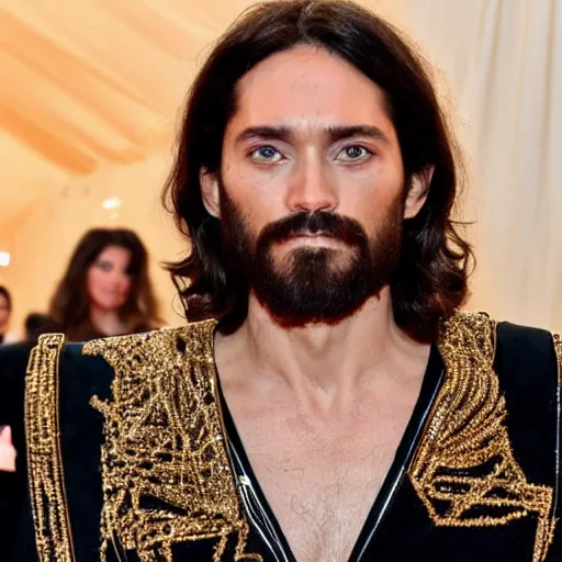 Image similar to photo of jesus at the met gala