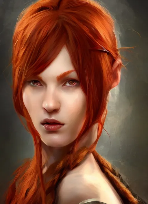 Image similar to Beautiful redhead girl which chest wrapped in bandages, portrait, fantasy, medieval, vivid colors, fantasy, elegant, concept art, sharp focus, beautiful face, digital art, Hyper-realistic, 4K, Unreal Engine, Highly Detailed, HD, Dramatic Lighting by Brom, trending on Artstation