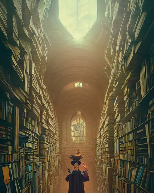 Image similar to highly detailed surreal vfx portrait of a villain in a castle of books, stephen bliss, unreal engine, greg rutkowski, loish, rhads, beeple, makoto shinkai and lois van baarle, ilya kuvshinov, rossdraws, tom bagshaw, alphonse mucha, global illumination, detailed and intricate environment