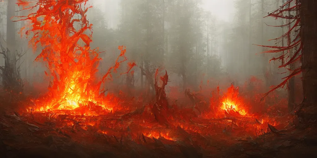 Prompt: A flaming forest , flaming leaves,Magma,flame stones are scattered, flame ferns, flame shrubs, huge flame Fantasy plant,covered in flame porcelain vine, artstation,by Jakub Rozalski, Greg Rutkowski,anthony avon
