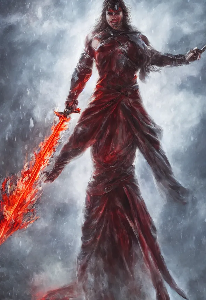 Prompt: an angel with red eyes and a flaming sword standing in heavy rain while doing a heroic pose, oil on canvas, realistic, concept art, fantasy, 8 k, digital art.