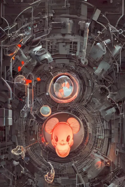 Image similar to top view mechanics scientist in lab facility looking at bloody mickey mouse head lifted by claw,, made by beeple, cgsociety, artgerm, greg rutkowski, highly detailed intricate 4 k art, low light cinematic, octane render, unreal engine, smooth concept art