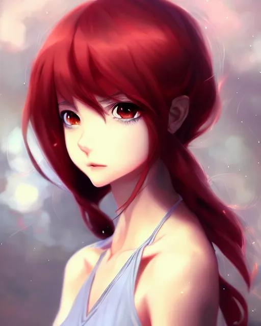 Prompt: anime portrait, intricate, elegant, long red hair, digital painting, artstation, concept art, art by artgerm, style of makoto shinkai