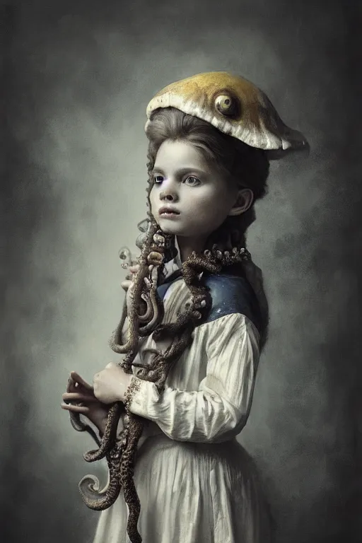 Prompt: wet plate photograph portrait of child with an octopus head, dressed in a victorian - era clothing, dramatic lighting, highly detailed, digital painting, artstation, concept art, smooth, sharp focus, illustration, art by wlop, mars ravelo and greg rutkowski