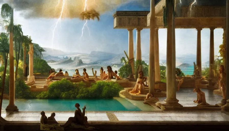 Image similar to From Inside the giant Palace, mediterranean balustrade and columns line, refracted sparkles, thunderstorm, greek pool, beach and Tropical vegetation on the background major arcana sky and occult symbols, by paul delaroche, hyperrealistic 4k uhd, award-winning, very detailed paradise