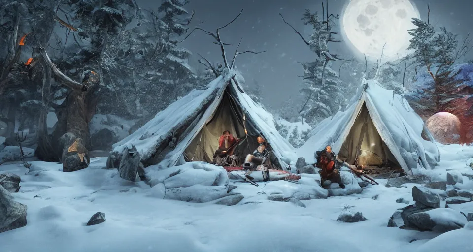 Image similar to an epic fantasy adventurer's camp in the snow with a hide tent at night with a full moon, a single adventurer with red hair, 4 k, extremely detailed. award winning, trending on artstation, 8 k, ultra wide angle