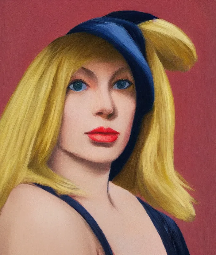 Image similar to a closeup portrait of woman with a blonde bob with bangs, in the style of edward hopper, very fine brush strokes, 4 k,