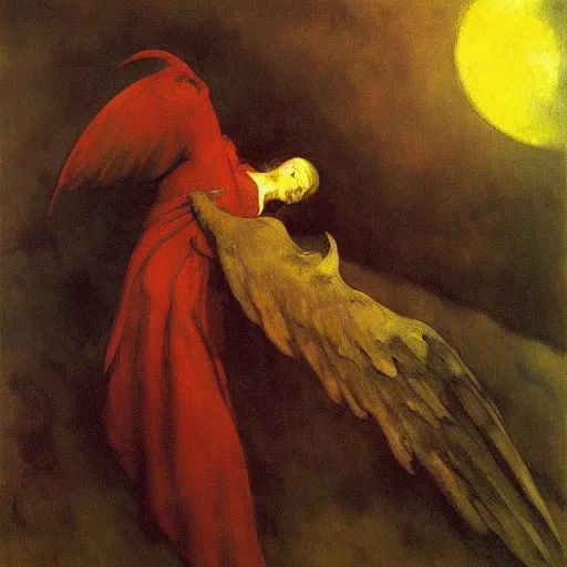 Image similar to aesthetically pleasing image of the whitewinged angel of death wearing a crimson and black robe descending on the lonesome faceless phantoms in their graves jamie wyeth paul cezanne arthur rackham edward hopper oil painting