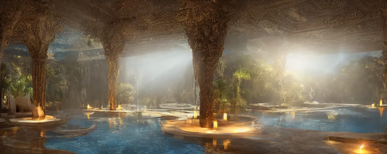 Image similar to surreal hyper luxury spa with intricate golden details with view to arid mountains and palm forest, god rays, light ray beam, candles, ultra detailed, photorealism, sharp focus, volumetric light, global illumination