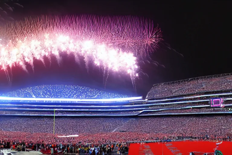 Prompt: !dream a flying whale zooms over an NFL stadium with fireworks cinematic lighting