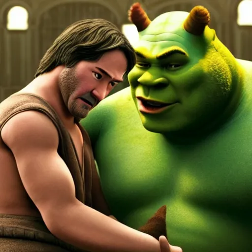 Prompt: keanu reeves fighting muscular shrek, highly detailed, high quality, hd, 4 k, 8 k, canon 3 0 0 mm, professional photographer, 4 0 mp, lifelike, top - rated, award winning, realistic, sharp, no blur, edited, corrected, trending