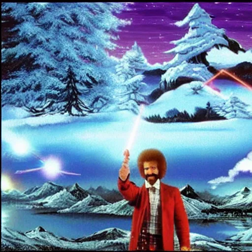 Image similar to Bob Ross Scenery with Robot Alien Snowmen Shooting Laser Beams at Things in the sky. Epic Amazing Insanity. Salvia Droid Joker .