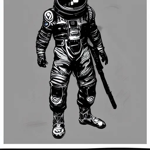 Prompt: concept art of a game character future weapon space suit Kim Jung Gi black and white