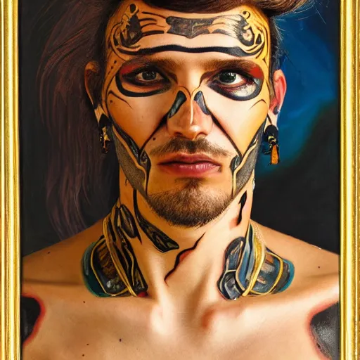 Image similar to an award finning closeup facial portrait by akseli kallen gallela luis royyo and john howe of a bohemian male cyberpunk traveller clothed in excessivelyg fashionable 8 0 s haute couture fashion and wearing ornate art nouveau body paint