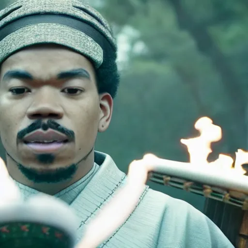 Image similar to cinematic film still of Chance The Rapper starring as a Samurai holding fire, Japanese CGI, VFX, 2022, 40mm lens, shallow depth of field, film photography