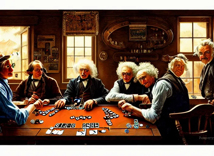 Image similar to isaac newton and stephen hawkins and albert einstein playing poker in an old west saloon, intricate, highly detailed, centered, digital painting, artstation, concept art, smooth, sharp focus, illustration, art by james gurney and norman rockwell and greg rutkowski