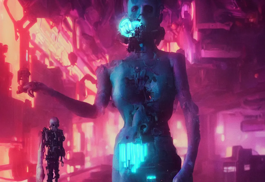 Prompt: colorful vfx film, ascending, beautiful fit model figure blade runner 2 0 4 9, mad max cyborg, vaporwave space pirate prototype technology, skin revealing skull, biotech thief, colorful, repairing missile silo launch facility interior, low - key lighting award winning photography arri alexa cinematography, hyper real photorealistic cinematic beautiful natural skin, famous face, atmospheric