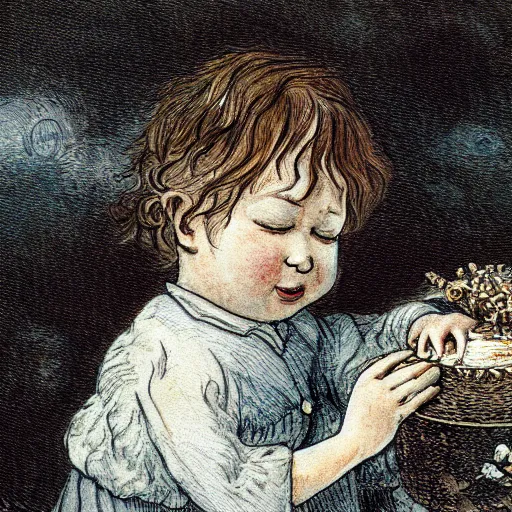 Image similar to candid portrait closeup of white ball crying, surrounded by clouds, illustrated by peggy fortnum and beatrix potter and sir john tenniel