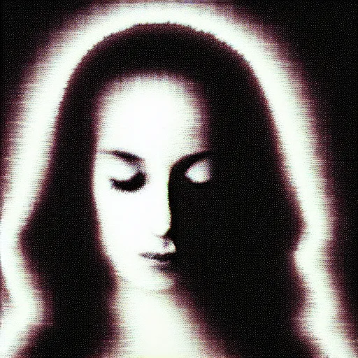 Image similar to vhs static overlay of marian apparition, vhs, 1 9 9 0, highly realistic, highly detailed, vhs noise static, black and white, vhs glitch