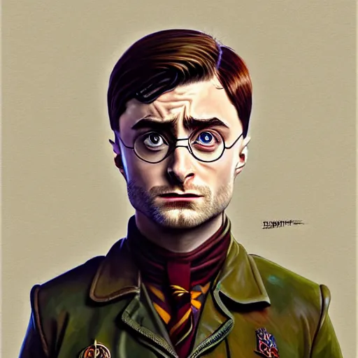 Prompt: portrait painting of a scowling dieselpunk daniel radcliffe as harry potter, sharp focus, award - winning, trending on artstation, masterpiece, highly detailed, intricate. inspired by josan gonzales and moebius and deathburger